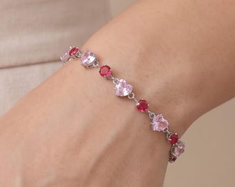18K Gold Filled Pink Heart CZ Bracelet, Pink Heart Gemstone Bracelet, Heart Charm Link Bracelet, Dainty Sparkling Bracelet, Feminine Jewelry