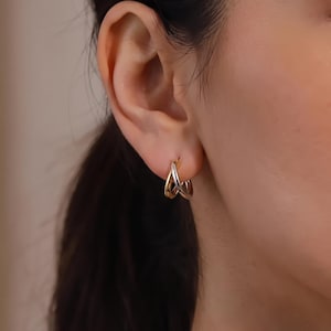 18K Gold Filled Two Tone Crossover Hoop Earrings, Gold Silver Twist Huggie Hoops, Minimalist Modern Jewelry