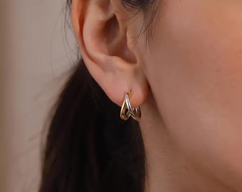 18K Gold Filled Two Tone Crossover Hoop Earrings, Gold Silver Twist Huggie Hoops, Minimalist Modern Jewelry