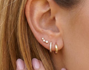 18K Gold Filled 3-Piece Ear Stack Set  CZ Stud Hoop Huggie Earrings Minimal Dainty Cartilage Jewelry Gift for Her Everyday Wear