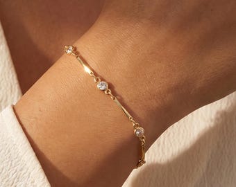 18K Gold Filled Chain Round CZ Bracelet, Circle Zircon Link Bracelet,Dainty Sparkling Gemstone Bracelet, Elegant Minimalist Layering Jewelry