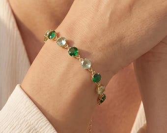 18K Gold Filled Green Round CZ Bracelet, Green Zircon Gemstone Bracelet, Dainty Gold Bracelet, Elegant Jewelry