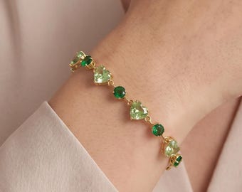 18K Gold Filled Green Heart CZ Bracelet, Green Gemstone Heart Bracelet, Heart Zircon Link Bracelet, Dainty Green Bracelet, Elegant Jewelry