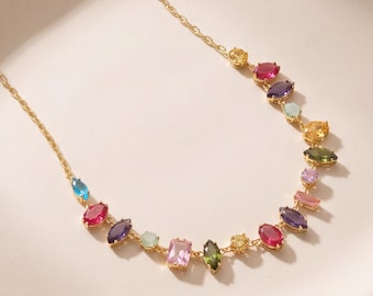 Collier en plaqué or 18 carats avec zircon cubique géométrique coloré, collier à maillons arc-en-ciel, bijou tendance en zircon multicolore, cadeau pour elle