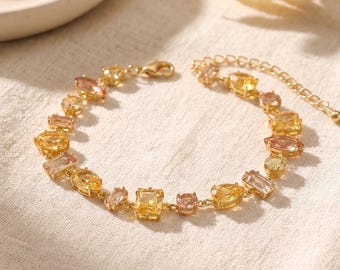 18K Gold Filled Yellow Multi Shape CZ Bracelet, Mixed Cut Zircon Link Bracelet, Golden Gemstone Bracelet, Sparkling Dainty Chain Bracelet