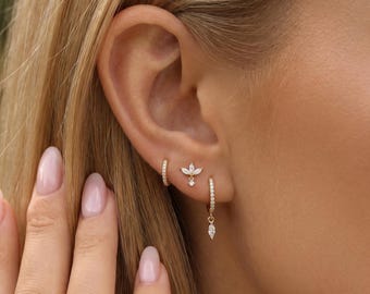 925 Sterling Silber 3-teiliger Blumen Ohrstecker, CZ Hoop & Ketten Ohrringe Set, Minimalist Ear Stack Zierlicher Schmuck Geschenk für Sie