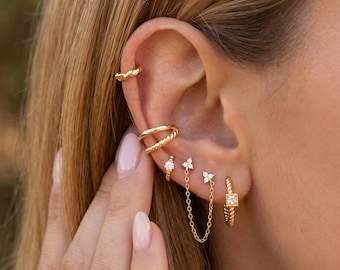 Créoles torsadés remplis d'or 18 carats, boucles d'oreilles 5 pièces, anneaux en corde, pendants d'oreilles chaîne, clous CZ, clou carré, luxe minimaliste