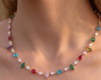 Collier en plaqué or 18 carats, orné de zirconiums cubiques multicolores taille marquise et poire, bijou délicat multicolore, cadeau pour elle.