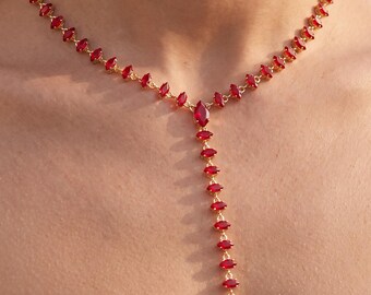 Collier en plaqué or 18 carats, pendentif marquise rouge en forme de Y, pendentif en zircon cubique en forme de larme, collier avec pendentif en pierre précieuse rouge, collier sautoir marquise, cadeau pour elle