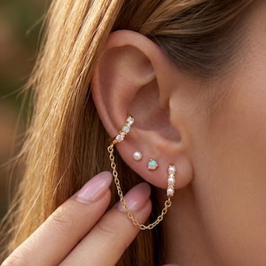 925 Sterling Silver Gold Ear Stack Set, Pearl Opal CZ Chain Cuff Earrings, Dainty Curated Layered Ear Jewelry 3 Piece Set