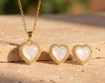 18K Gold Filled Natural Shell Set, Heart Halo Necklace & Studs, Timeless Anniversary Gift for Wife, Luxury MOP Jewelry, Everyday Gold Wear