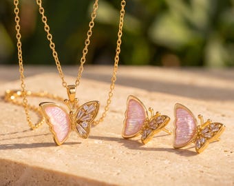 Elegant 18K Gold Filled Set, Iridescent Pink Butterfly Necklace, Shimmering Wing Earrings, Romantic Gift for Her, Anniversary Surprise, Luxe