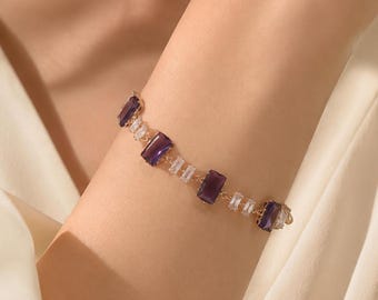 18K Gold Filled Purple Square CZ Bracelet, Purple Zircon Link Bracelet, Geometric Gemstone Bracelet, Dainty Elegant Bracelet,