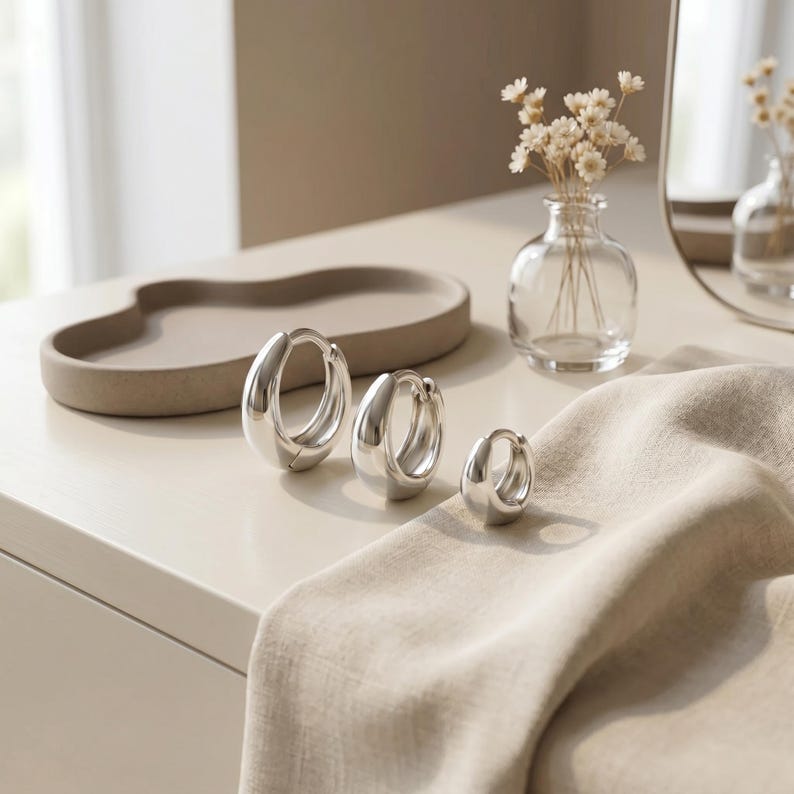 May include: Three silver hoop earrings of varying sizes arranged in a row. Each earring features a thick, polished, rounded band with a hinged closure mechanism. The metallic surface reflects light, highlighting the smooth, curved design of the jewellery.