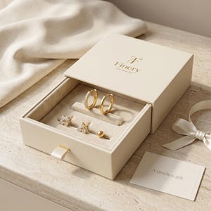 May include: A cream-coloured sliding jewellery box with the text Finery Fine Jewelry on the lid. Inside, the box contains a pair of gold hoop earrings, one with small stones, a pair of gold flower-shaped stud earrings, and a single gold ball stud.
