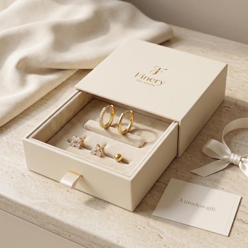 May include: A cream-coloured sliding jewellery box with the text Finery Fine Jewelry on the lid. Inside, the box contains a pair of gold hoop earrings, one with small stones, a pair of gold flower-shaped stud earrings, and a single gold ball stud.