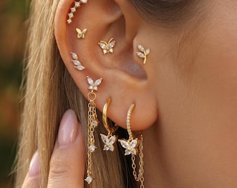 18K Gold Filled CZ Ear Stack Set, Butterfly Leaf Chain Dangle Stud Earrings 8-Piece Set, Dainty Floral Huggie Ear Crawler Jewelry