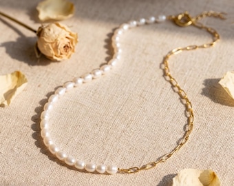 18K Gold Filled Pearl Paperclip Chain Necklace, Half Pearl Half Link Necklace, Dainty Layering Jewelry, Elegant Gift for Her