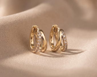 18K Gold Filled CZ Huggie Hoop Earrings, Sparkling Pavé Curved Hoops, Minimalist Dainty Jewelry, Everyday Elegant Style