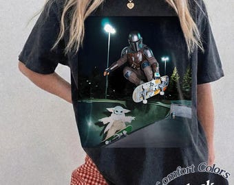 Comfort Colors Baby Yoda Skateboarding T-Shirt, Mandalorian Grogu Skater Graphic Tee, Star Wars Vintage Night Skate Shirt