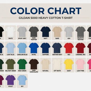 May include: Color chart showcasing a variety of Gildan 5000 Heavy Cotton T-shirts in various colors. The chart displays a range of hues, including black, white, navy, red, and green, with each color labeled for easy reference. The t-shirts are neatly arranged.