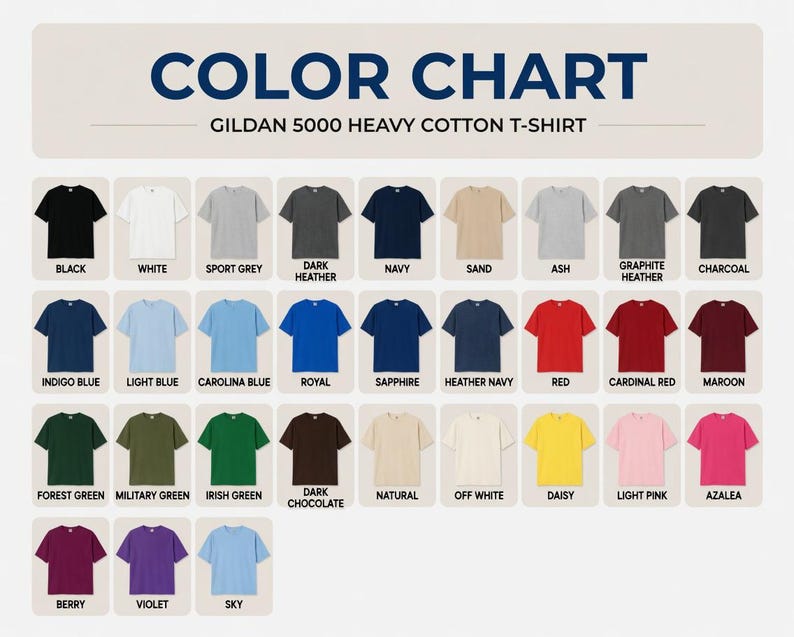 May include: Color chart showcasing a variety of Gildan 5000 Heavy Cotton T-shirts in various colors. The chart displays a range of hues, including black, white, navy, red, and green, with each color labeled for easy reference. The t-shirts are neatly arranged.