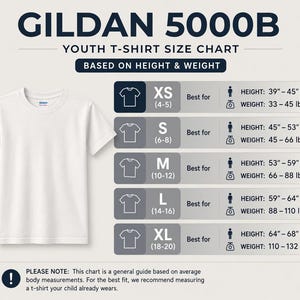 May include: White Gildan 5000B youth t-shirt next to a size chart. The chart lists sizes XS to XL, with corresponding height and weight ranges in inches and pounds. The chart is based on height and weight.
