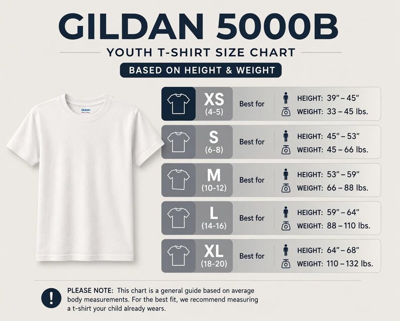 May include: White Gildan 5000B youth t-shirt next to a size chart. The chart lists sizes XS to XL, with corresponding height and weight ranges in inches and pounds. The chart is based on height and weight.
