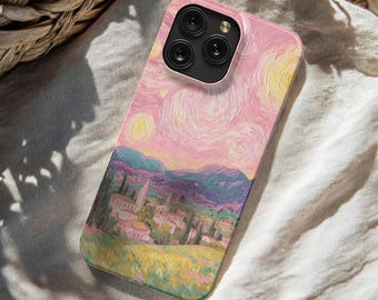 Pink Van Gogh Phone Case: Starry Night Village Art Magsafe Case for iPhone 17 16 15 14 13 12 11 Pro Max Samsung S25 S24