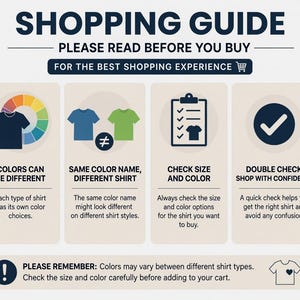 May include: Shopping guide graphic with text: "Please read before you buy." Includes tips on color differences, checking size and color, and double-checking purchases. Features shirt icons and a color wheel.