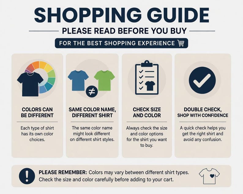 May include: Shopping guide graphic with text: "Please read before you buy." Includes tips on color differences, checking size and color, and double-checking purchases. Features shirt icons and a color wheel.