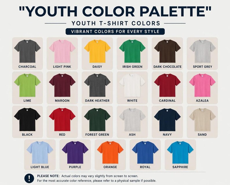 May include: A color palette of youth t-shirts in various colors, including charcoal, light pink, daisy, Irish green, dark chocolate, and sport grey. The image displays a range of vibrant colors for every style, with each color labeled for easy reference. The text at the top says "YOUTH COLOR PALETTE".