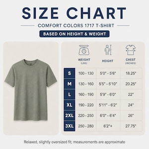 May include: Size chart for Comfort Colors 1717 T-shirt, based on height and weight. Includes chest measurements in inches for sizes S to 3XL. The chart also shows weight ranges in pounds and height ranges in feet and inches. A green t-shirt is shown.