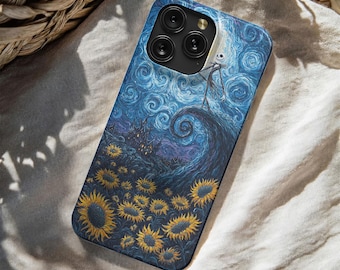 Jack Skellington Starry Night Phone Case - Van Gogh Sunflower Art Magsafe Case for iPhone 17 16 15 14 13 12 11 Pro Max Samsung S25 S24