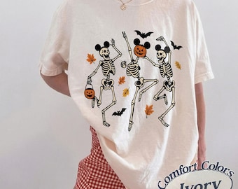 Comfort Colors Mickey Skeleton Dance Halloween T-Shirt, Dancing Skeleton Mickey Shirt, Disney Halloween Skeleton Tee
