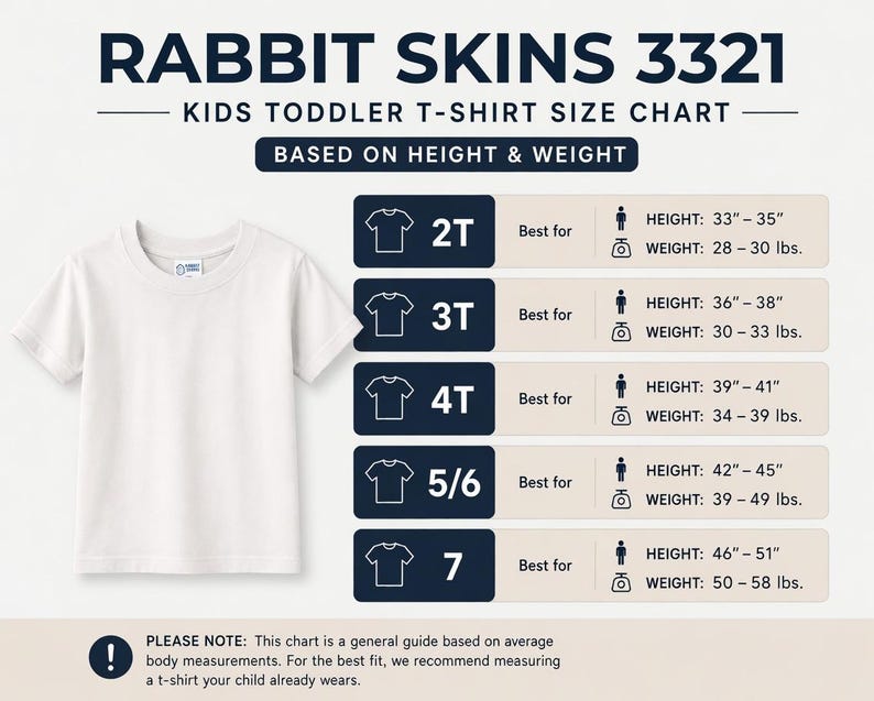 May include: White toddler t-shirt next to a size chart. The chart, titled "Rabbit Skins 3321," details sizes 2T to 7, with height and weight measurements in inches and pounds. The chart is based on height and weight.