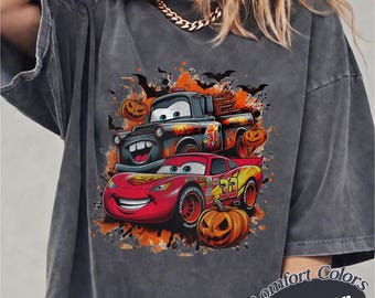 Comfort Colors Halloween Disney Cars T-Shirt, Lightning McQueen Mater Pumpkin Shirt, Disney Cars Halloween Tee
