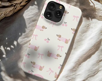 Cute Dachshund Phone Case: Pink Bow Cherry Pattern Magsafe Case for iPhone 17 16 15 14 13 12 11 Pro Max, Samsung S25 S24 Ultra Case
