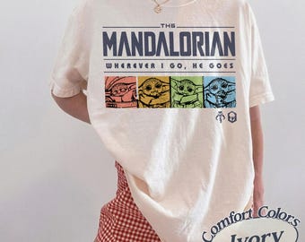 Comfort Colors Mandalorian Grogu T-Shirt, Wherever I Go He Goes Shirt, Baby Yoda Star Wars Tee, Vintage Mandalorian Tee