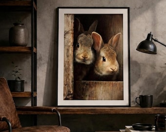 Stampa digitale di un dipinto ad olio di un coniglietto pasquale, quadro rustico con coniglio, decorazione per la cameretta con simpatici animali, poster primaverile a tema natura, regalo in stile rustico