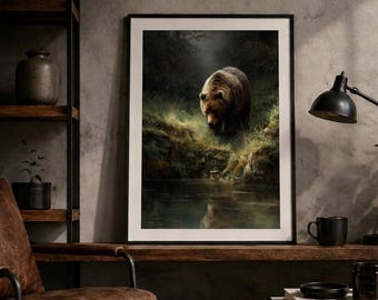 Obraz olejny przedstawiający niedźwiedzia grizzly, rustykalna sztuka dzikiej przyrody do pobrania w wersji cyfrowej do wystroju domku letniskowego