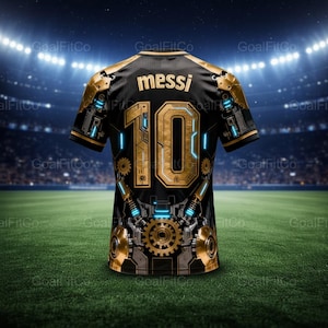 Puede incluir: Camiseta de fútbol negra y dorada con el nombre "messi" y el número "10" en la espalda. La camiseta tiene un diseño mecánico futurista con detalles dorados y reflejos azules. La camiseta se muestra en un campo verde.