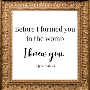 May include: A framed print with a gold ornate frame. The white interior features the text "Before I formed you in the womb I knew you. - Jeremiah 1:5" in black script and serif fonts. The frame has detailed carvings.