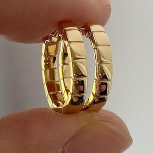Pu&ograve; includere: Un paio di orecchini a cerchio dorati. Gli orecchini hanno un design quadrato e segmentato. I cerchi sono tenuti tra due dita su uno sfondo neutro. Gli orecchini sono lucidi e riflettenti.