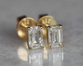 Orecchini a bottone in oro 14 carati con moissanite taglio smeraldo, solitario minimalista