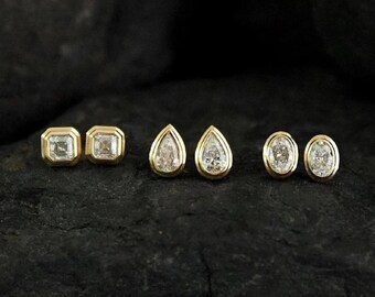 Orecchini a bottone con moissanite in oro 14 carati: Asscher, a pera, ovali
