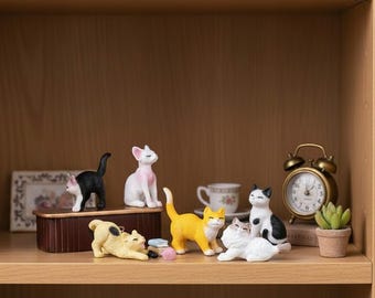 Mini Ragdoll Cat Figurines Set: 6pcs Animal Miniatures for Fairy Garden, Desk Decor