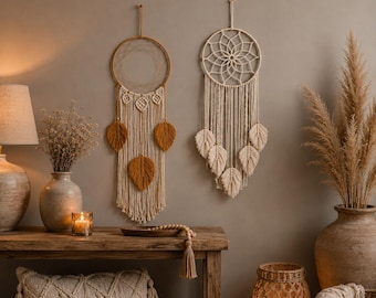 Handmade Macrame Dream Catcher Decor, Boho Leaf Wall Hanging, Nordic Tapestry Ornament, Rustic Home Decor for Bedroom Living Room