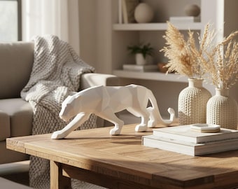 Large Geometric Panther Statue, Abstract Resin Animal Figurine, Modern Desk Art
