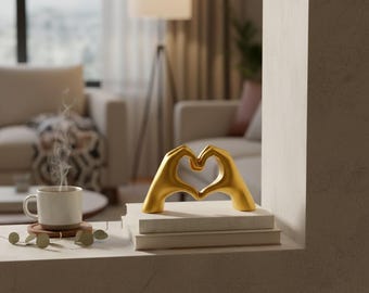 Gold Heart Hand Sculpture, Modern Romantic Resin Decor, Minimalist Shelf Accent